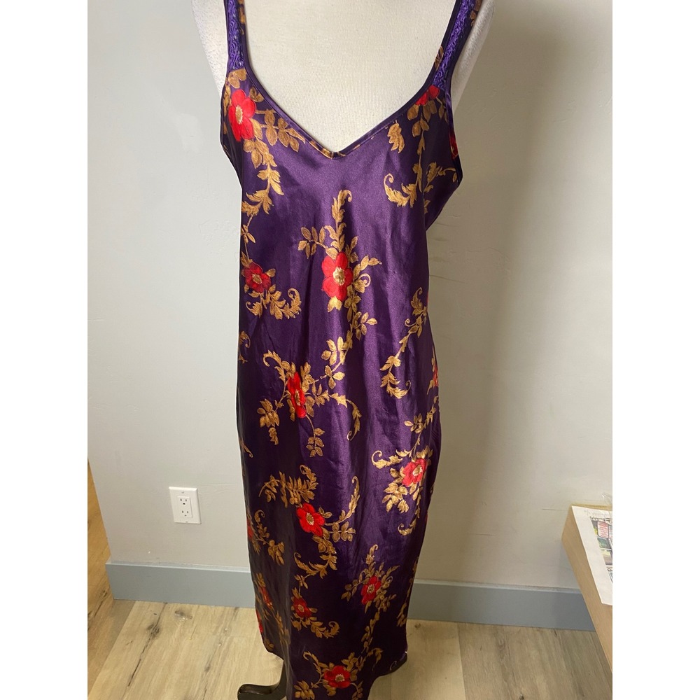 Vintage 90s California Dynasty Purple Floral Satin Nightgown Lace Trim Midi L